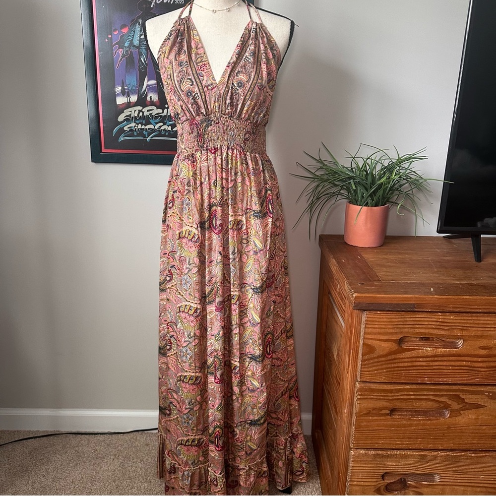 Smocked Halter Maxi Dress in Pink Paisley